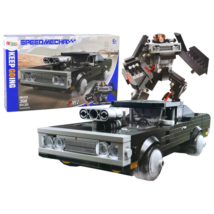 Конструктор LEAN TOYS, Превозно средство/Робот 2в1, Черно/Сиво, 398 части, 18x8x5cm