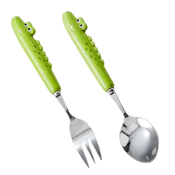 Szilikon, rozsdamentes acél evőeszköz készlet gyerekeknek, Jormftte, egyedi design, puha markolatok, 1 szett, zöld