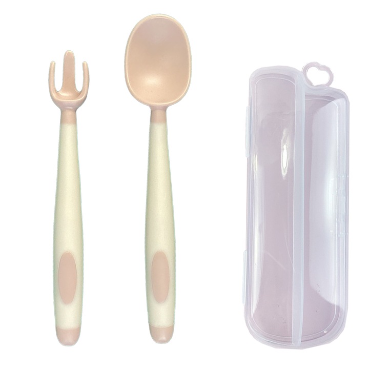 Set tacamuri pentru bebelusi QttvbTna, lingurita si furculita, maner silicon, rezistent la caldura, etui de calatorie, multicolor