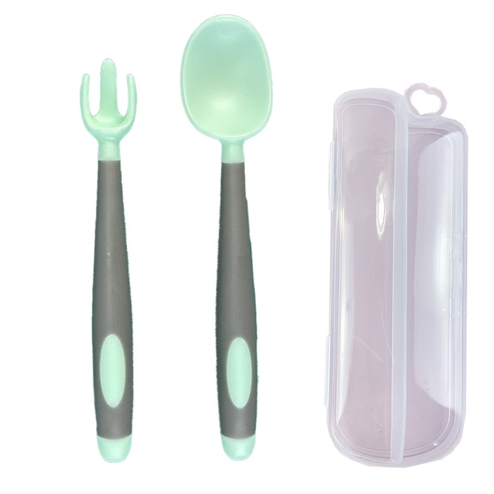 Set tacamuri pentru bebelusi QttvbTna, lingurita si furculita, maner silicon, rezistent la caldura, etui de calatorie, multicolor