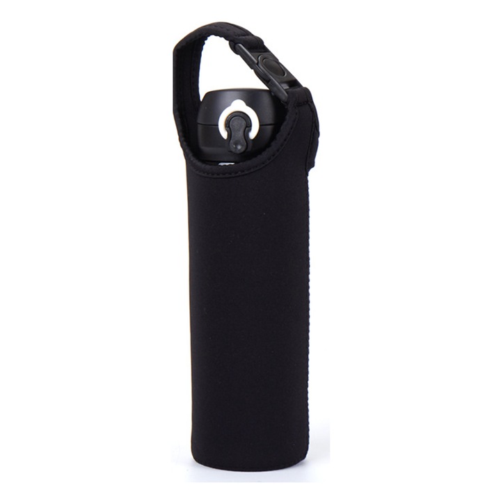 Калъф за термос, Неопрен, Подвижна дръжка и каишка, 6,5 x 14 см, Черен