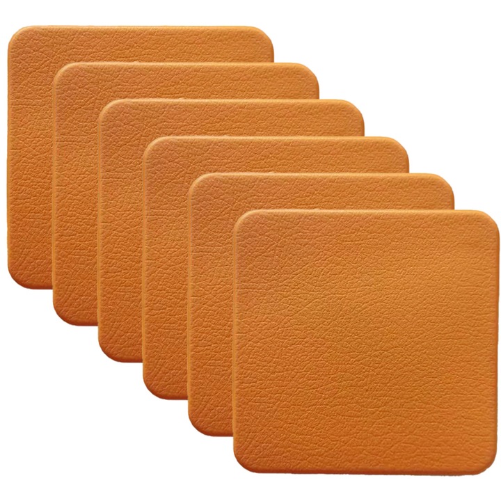 6 darabos pohártartó készlet, öko bőr, 10 x 10 cm, narancssárga