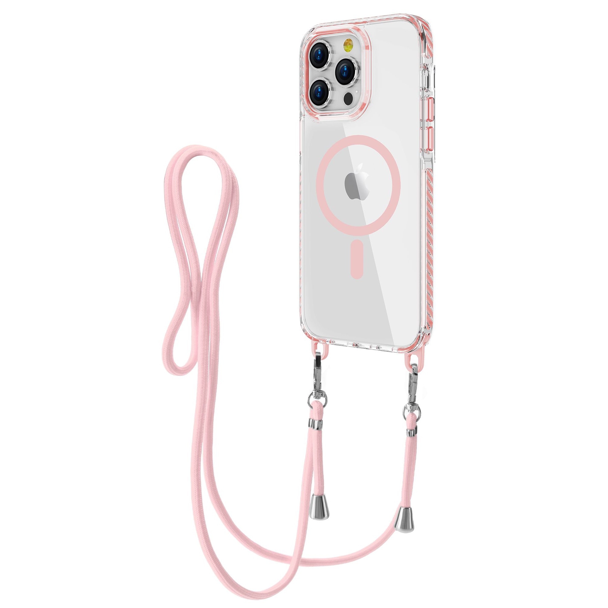 Husa pentru Apple Iphone 15 Pro Max Daden®, Snur detasabil, Antisoc, Protectie Superioara, Bumper interior, Magsafe, Transparenta cu Roz
