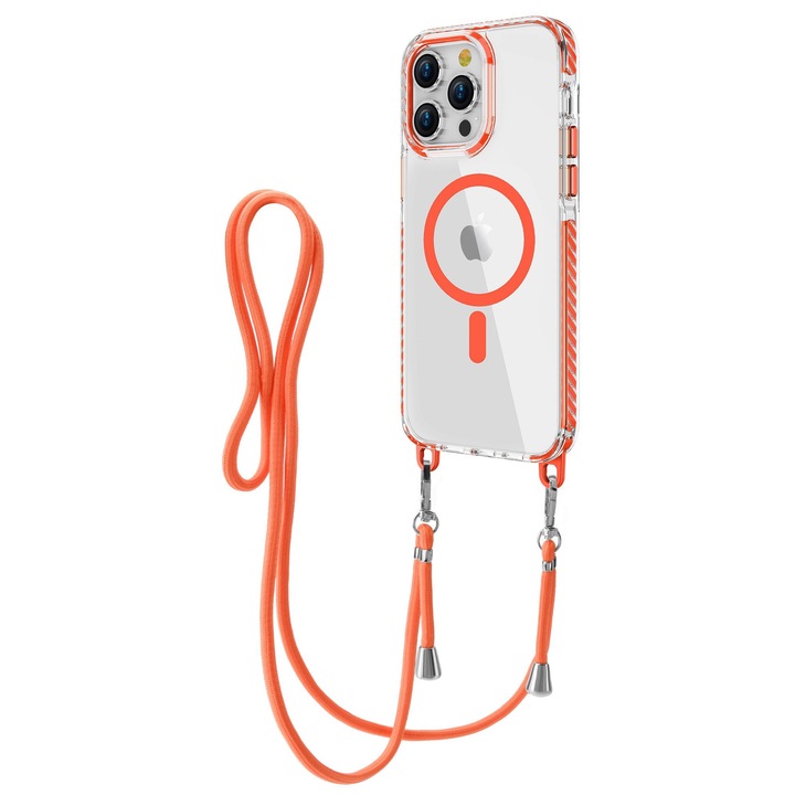 Калъф за Apple iPhone 12 / 12 Pro, отделящ се кабел, анти-шок, горна защита, вътрешна броня, Magsafe, прозрачен с оранжев