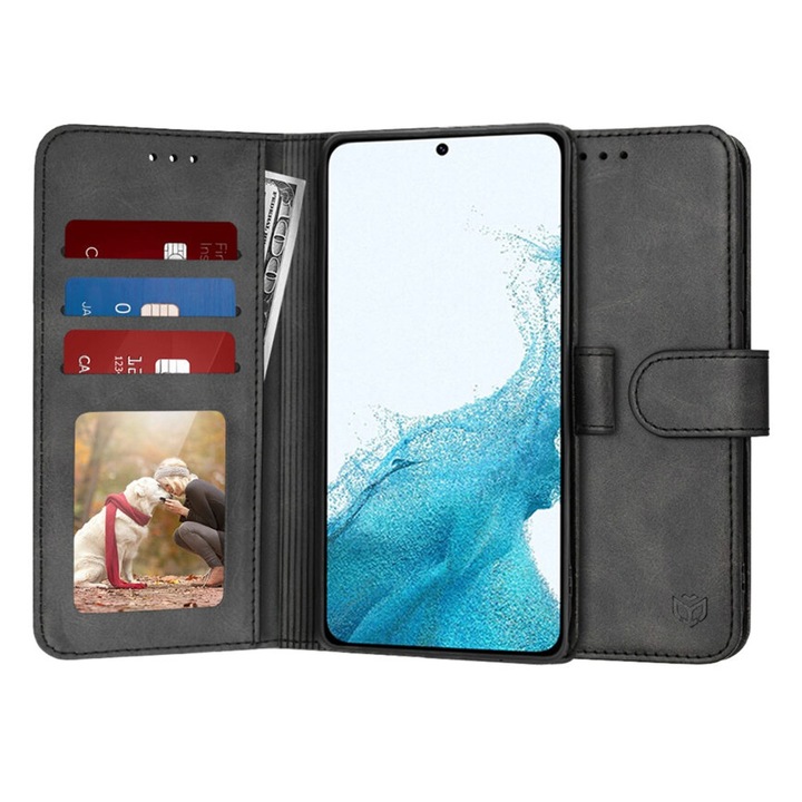 MemoBook borító fedéllel Xiaomi Redmi Note 13 Pro 5G / Poco X6 telefonhoz, OPTIM SOLUTION, Flip Cover, Mágneses záródás, Kártya- és Bankjegyzseb, Elegáns bőr kialakítás, Teljes védelem, Állvány funkció, Fekete