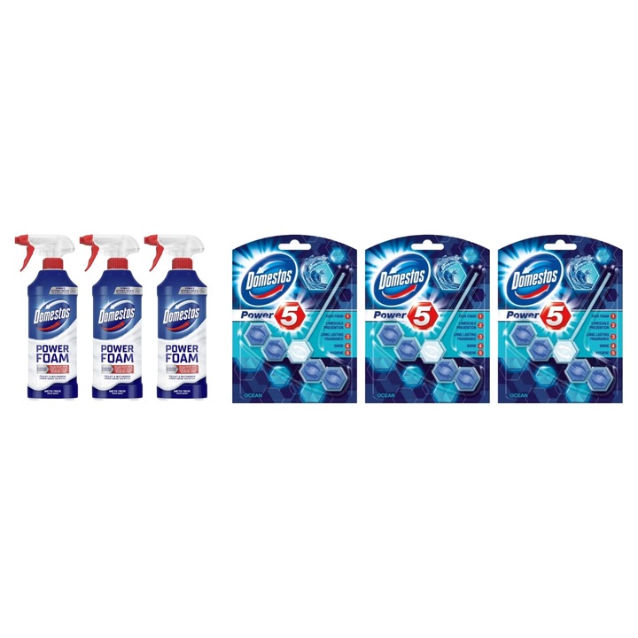 Set Curatenie Toaleta Domestos 6 x Componente, 3 x spuma de baie 435ml Briza Marii, 3 x odorizant WC bile Ocean 55gr, rapid si eficient, testat dermatologic, prospetime de lunga durata, elimina mirosuri neplacute