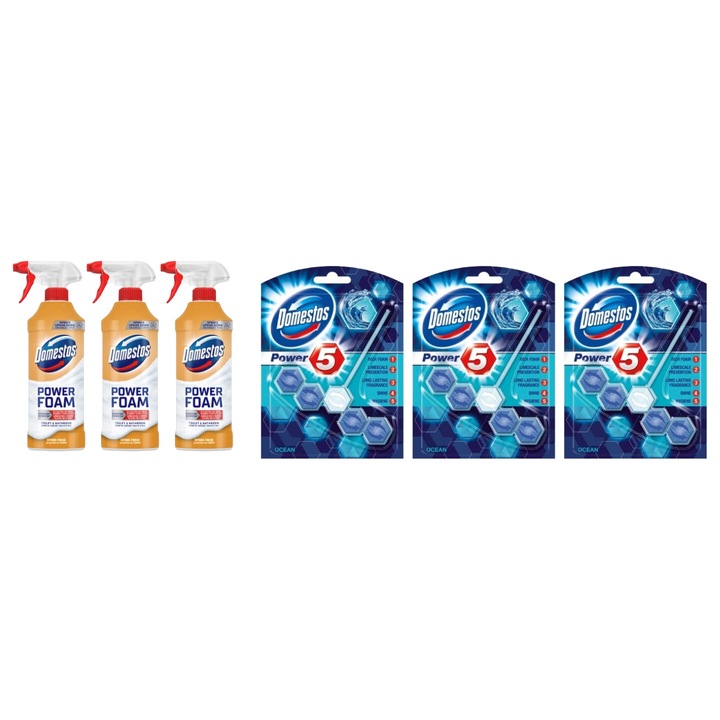 Set Curatenie Toaleta Domestos 6 x Componente, 3 x spuma de baie 435ml Lamaie, 3 x odorizant WC bile Ocean 55gr, rapid si eficient, testat dermatologic, prospetime de lunga durata, elimina mirosuri neplacute