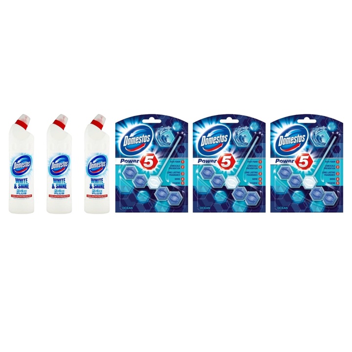 Set Curatenie Toaleta Domestos 6 x Componente, 3 x Solutie WC Lichid 750ml White&Shine, 3 x odorizant WC bile Ocean 55gr, rapid si eficient, testat dermatologic, prospetime de lunga durata, elimina mirosuri neplacute