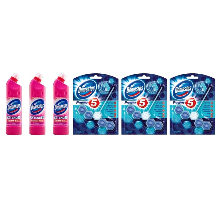 Set Curatenie Toaleta Domestos 6 x Componente, 3 x Solutie WC Lichid 750ml Pink Fresh, 3 x odorizant WC bile Ocean 55gr, rapid si eficient, testat dermatologic, prospetime de lunga durata, elimina mirosuri neplacute