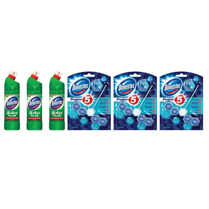 Set Curatenie Toaleta Domestos 6 x Componente, 3 x Solutie WC Lichid 750ml Pin, 3 x odorizant WC bile Ocean 55gr, rapid si eficient, testat dermatologic, prospetime de lunga durata, elimina mirosuri neplacute