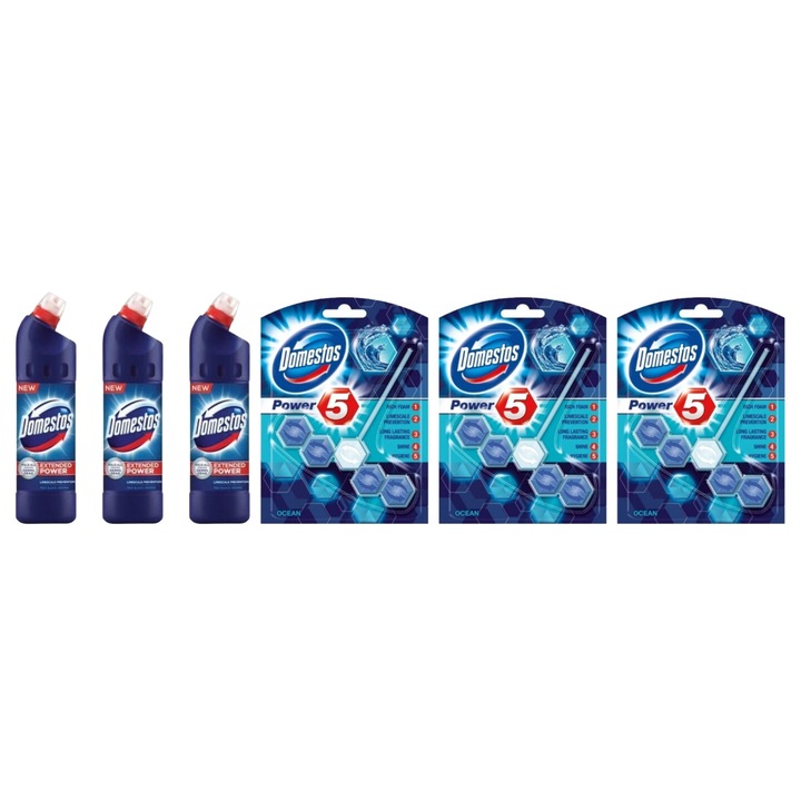 Set Curatenie Toaleta Domestos 6 x Componente, 3 x Solutie WC Lichid 750ml Thic Bleach Original, 3 x odorizant WC bile Ocean 55gr, rapid si eficient, testat dermatologic, prospetime de lunga durata, elimina mirosuri neplacute