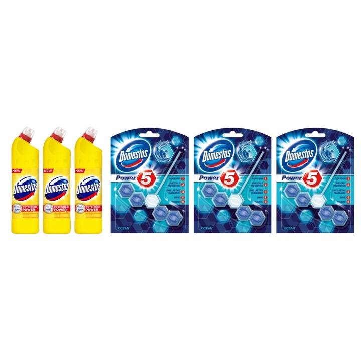 Set Curatenie Toaleta Domestos 6 x Componente, 3 x Solutie WC Lichid 750ml Lamaie, 3 x odorizant WC bile Ocean 55gr, rapid si eficient, testat dermatologic, prospetime de lunga durata, elimina mirosuri neplacute
