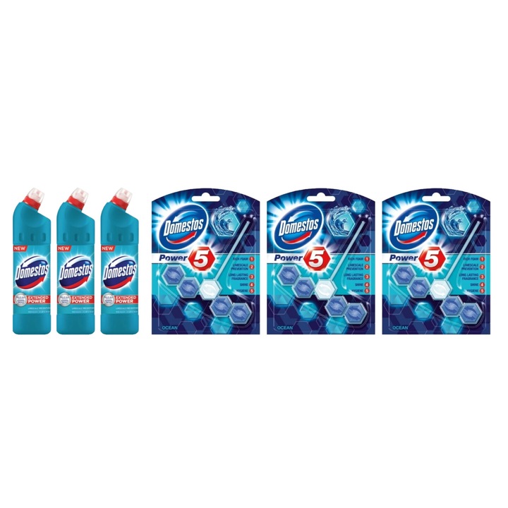 Set Curatenie Toaleta Domestos 6 x Componente, 3 x Solutie WC Lichid 750ml Atlantic, 3 x odorizant WC bile Ocean 55gr, rapid si eficient, testat dermatologic, prospetime de lunga durata, elimina mirosuri neplacute