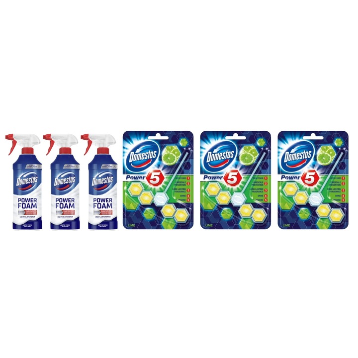 Set Curatenie Toaleta Domestos 6 x Componente, 3 x spuma de baie 435ml Briza Marii, 3 x odorizant WC bile Lime 55gr, rapid si eficient, testat dermatologic, prospetime de lunga durata, elimina mirosuri neplacute