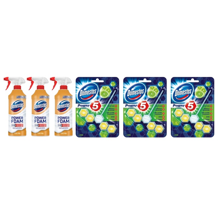 Set Curatenie Toaleta Domestos 6 x Componente, 3 x spuma de baie 435ml Lamaie, 3 x odorizant WC bile Lime 55gr, rapid si eficient, testat dermatologic, prospetime de lunga durata, elimina mirosuri neplacute