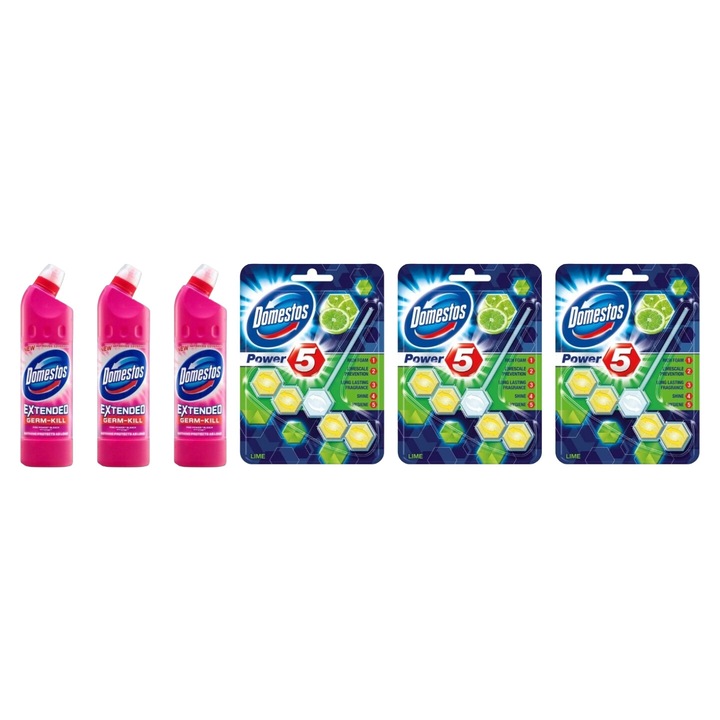 Set Curatenie Toaleta Domestos 6 x Componente, 3 x Solutie WC Lichid 750ml Pink Fresh, 3 x odorizant WC bile Lime 55gr, rapid si eficient, testat dermatologic, prospetime de lunga durata, elimina mirosuri neplacute
