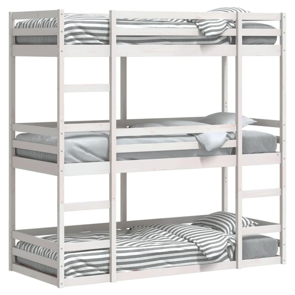 Pat supraetajat triplu vidaXL, alb, 90x190 cm, lemn masiv de pin