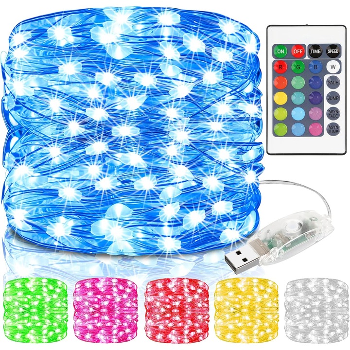 Lumini LED cu fir argintiu, RGB, impermeabile, functionare pe baterii, 10m
