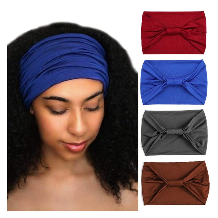 Fular elastic Enforose, set 4 bucati, turban din jerse, culori uni, pentru yoga si activitati sportive