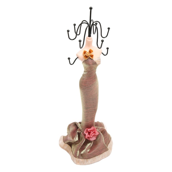 Manechin suport bijuterii, AMRINUGL, pentru bratari si inele, culoare maro, material rasina si tesatura