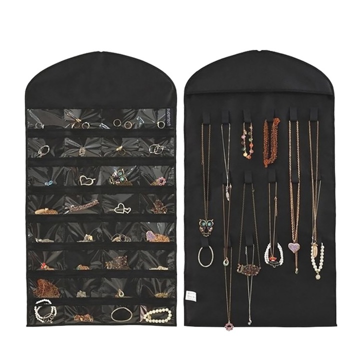 Cutie bijuterii AMRINUGL, organizator cu 32 compartimente, 18 carlige, negru/beige, 79.5x43cm