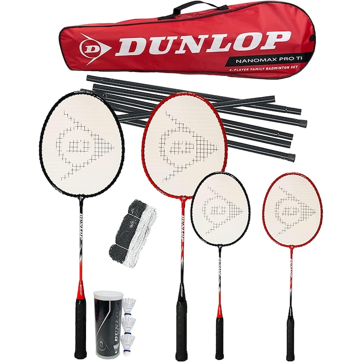 Set Badminton, Nanomax Pro Ti Family, 4 Rachete, Siatka, Lotki, Torba Transportowa