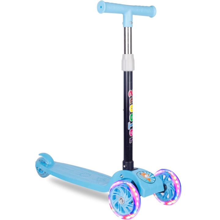 Trotineta pliabila, PROCART, 3 roti LED, ghidon ajustabil, sarcina maxima 45 kg, albastra