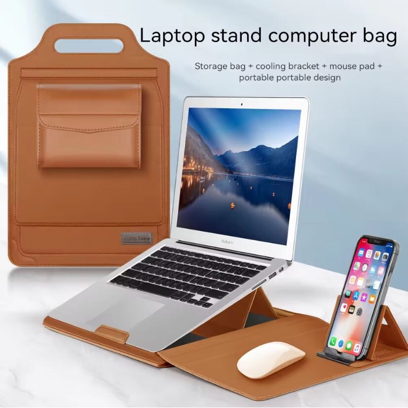 Husa Multifunctionala, MacBook Air/Pro 13″-14", Leather look, Interior moale, Suport laptop si Mouse pad, Maro