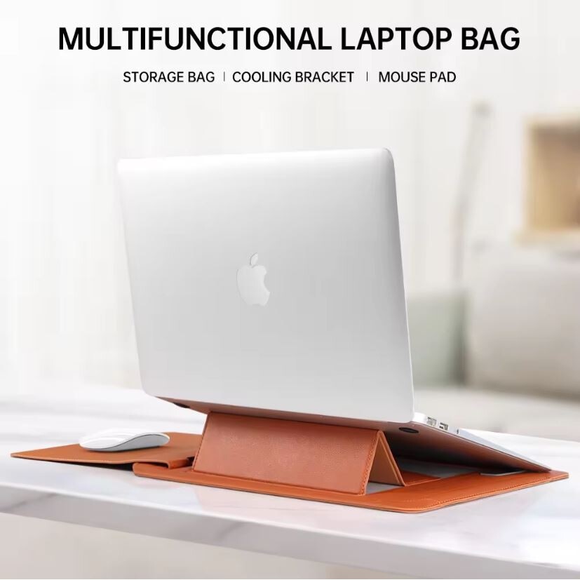 Husa Multifunctionala, MacBook Air/Pro 13″-14", Leather look, Interior moale, Suport laptop si Mouse pad, Maro