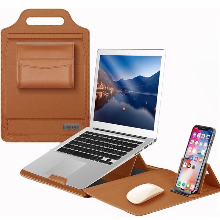 Мултифункционален калъф, MacBook Air/Pro 13″-14", кожа, мека вътрешност, поддръжка за лаптоп и подложка за мишка, кафяв