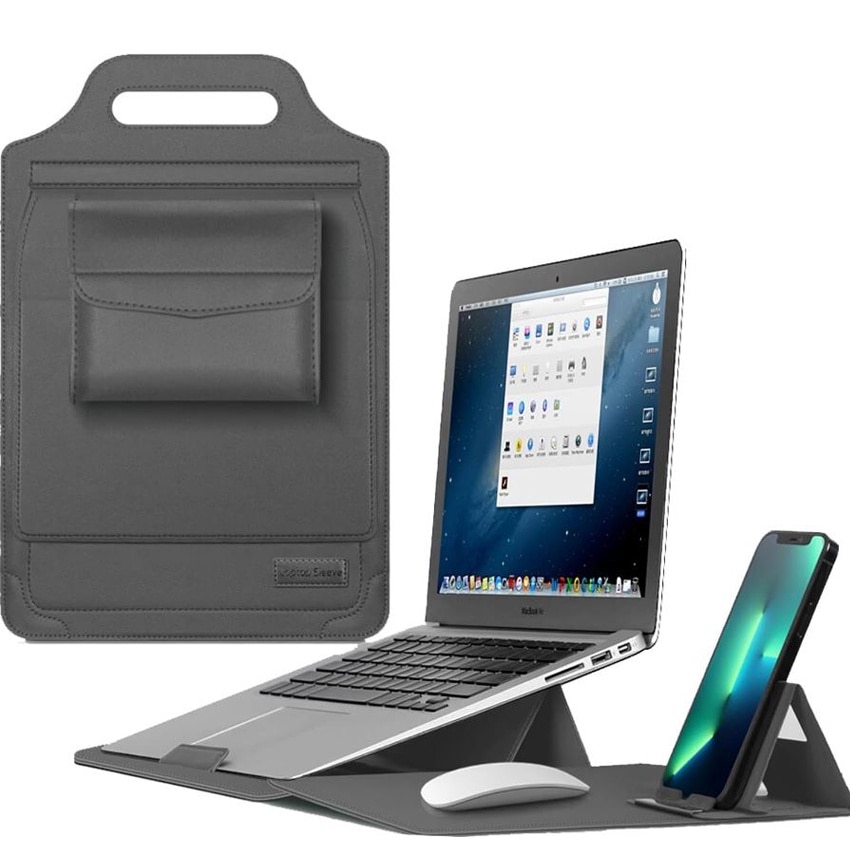 Husa Multifunctionala, MacBook Air/Pro 13″-14", Leather look, Interior moale, Suport laptop si Mouse pad, Gri
