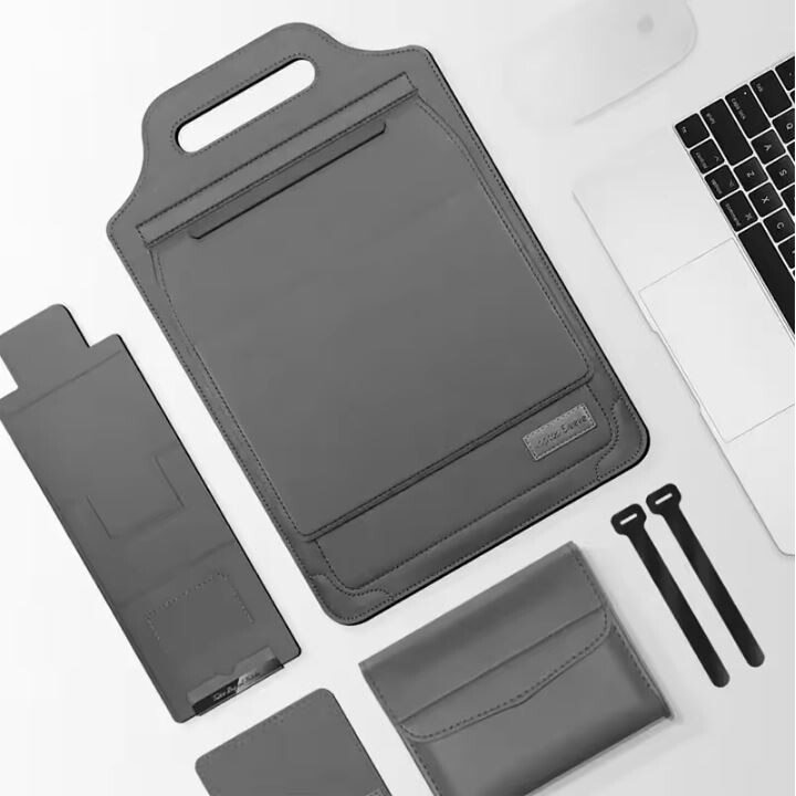 Husa Multifunctionala, MacBook Air/Pro 13″-14", Leather look, Interior moale, Suport laptop si Mouse pad, Gri