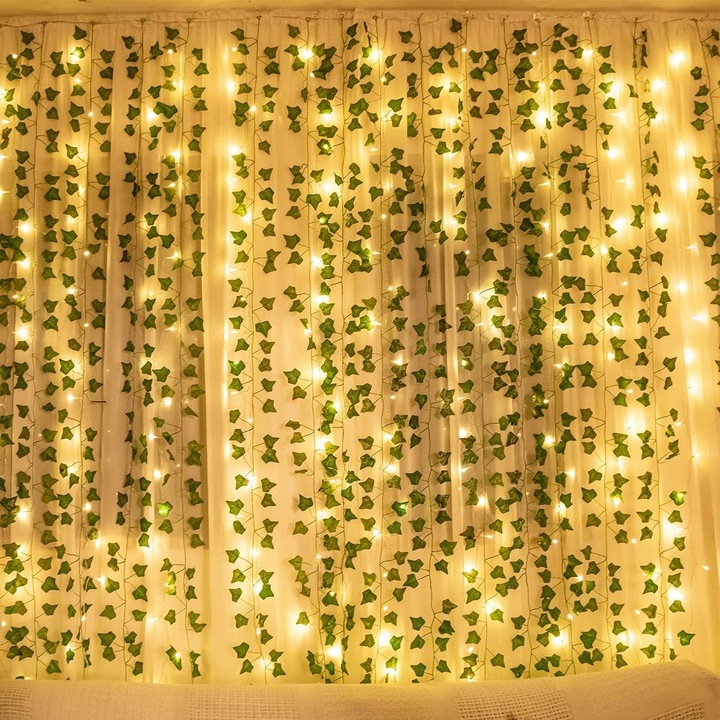 Set 12 bucati iedera artificiala cu 100 LED, verde, 10m