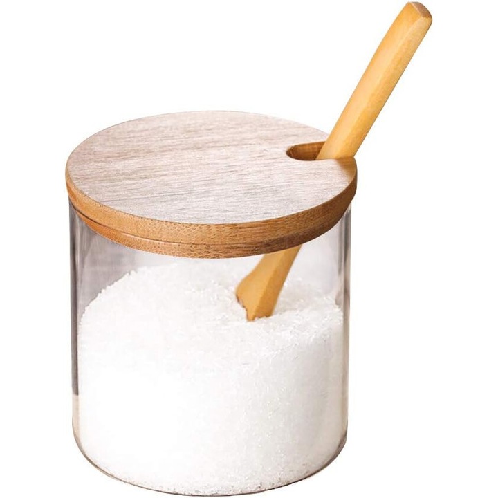 Елегантен стъклен буркан с бамбуков капак, органайзер за подправки, прозрачен, голям