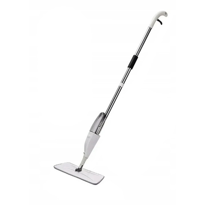 Mop, Evena, Cu Pulverizator, 126x40x12 cm, 350 ml, Cu Microfibra, Rotire 360, Plastic/Metal, Alb/Argintiu