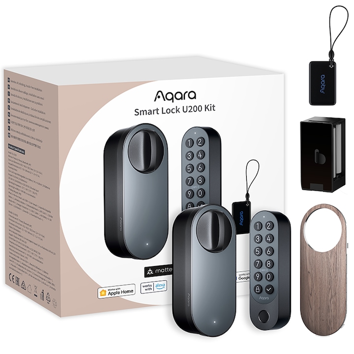 Incuietoare inteligenta exterior Aqara U200 Kit Smart Lock Versiunea UE, EL-D02D, Instalare usoara, Filet, Bluetooth 5.1, carduri NFC, baterie reincarcabila, cu capac, taste de acasa Aqara si Apple si diverse metode de deblocare, negru