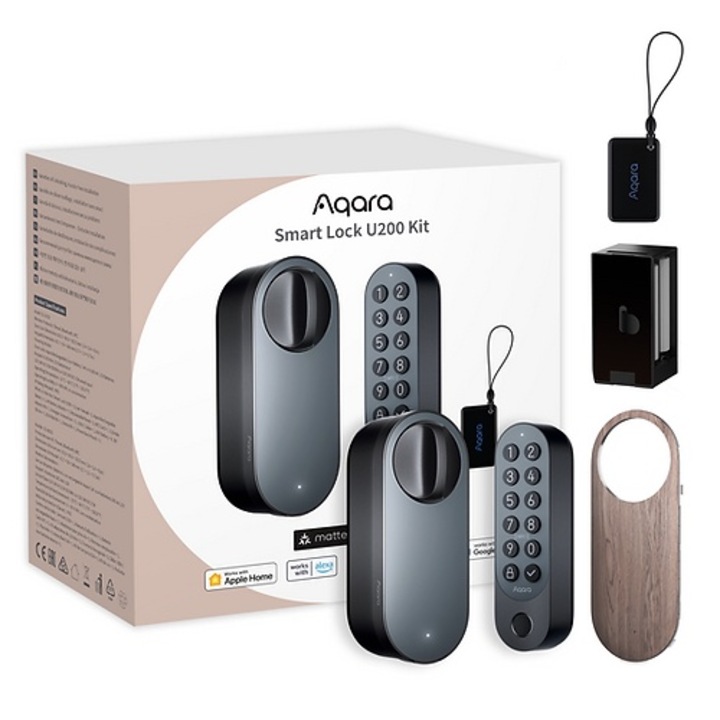 Система Aqara U200 Outdoor Smart Lock Kit Smart Lock EU версия, EL-D02D, лесна инсталация, резба, Bluetooth 5.1, NFC карти, акумулаторна батерия, с капак, Aqara и Apple Home ключове и различни методи за отключване, черен