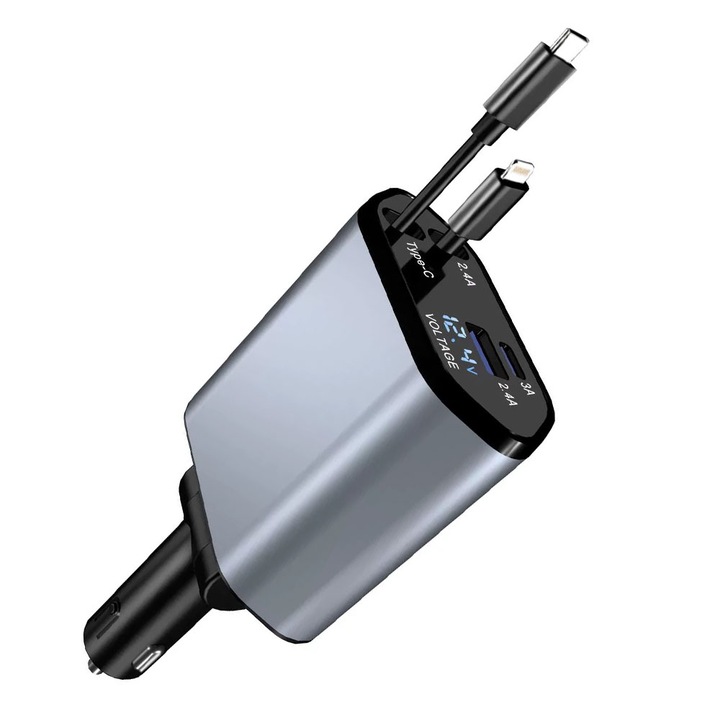 4 az 1-ben autós töltő, 100 W szupergyors töltés, elegáns kialakítás Type-C és Lightning visszahúzható kábellel, USB és USB-C portok, digitális feszültség kijelző, kompatibilis iPhone, Samsung, Huawei, szürke-fekete