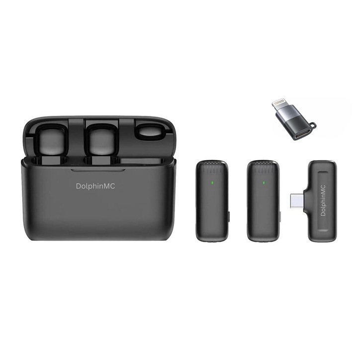 Комплект от 2 DolphinMC® Wireless Lavalier микрофона, съвместим с iPhone, iPad, Samsung, Huawei, Xiaomi, калъф за зареждане Plug and Play, Android, Ios, намаляване на шума, Vlogging, интервюта, стрийминг на живо