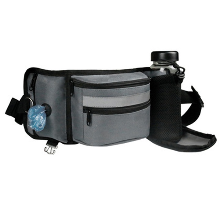 Geanta de antrenament pentru caini, cu dispenser pentru saci de excremente, suport ascuns pentru sticla, gri, 40x14.5cm