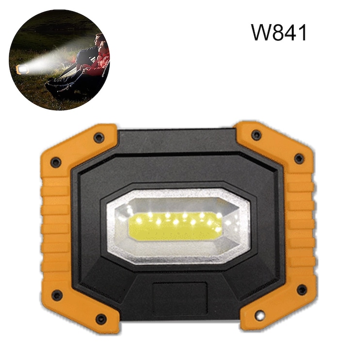 Преносима LED работна лампа, жълта, 30 W, с литиева батерия 18650