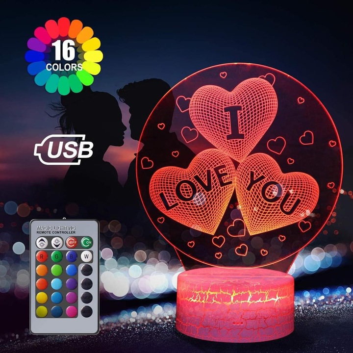 Lampa de veghe 3D ZYBLSSBB LSM2XH24847-LL-1378, LED cu panou acrilic laser-grava, telecomanda si touch, alimentare USB/3xAA, 16 culori, multicolor