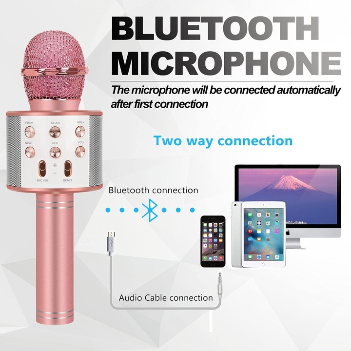 Vezeték nélküli Bluetooth karaoke mikrofon gyerekeknek, hangeffektek, strapabíró, fehér, 20x5cm