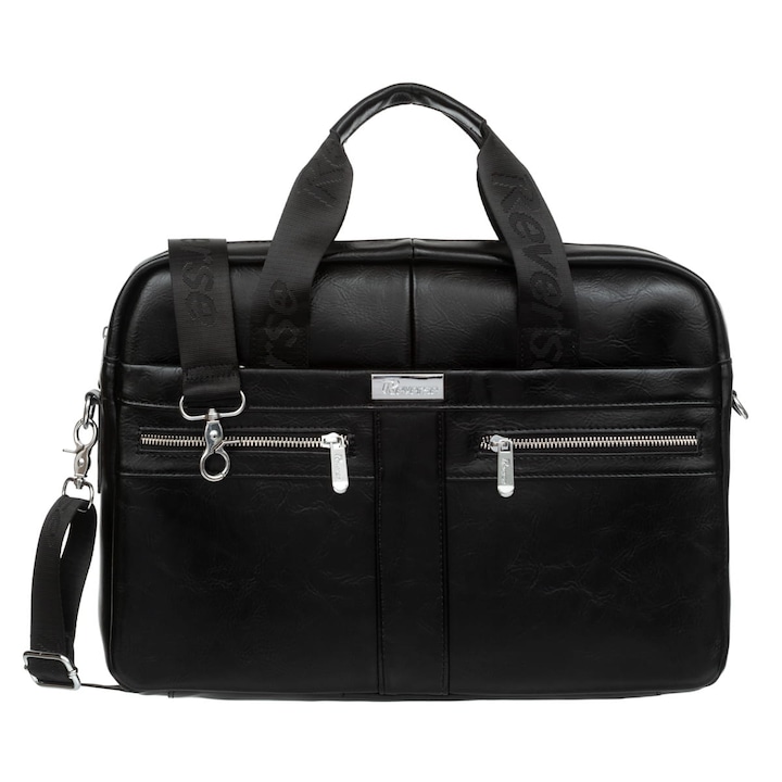 Geanta laptop Reverse, piele naturala, compartimentat, negru, pana la 17.3"