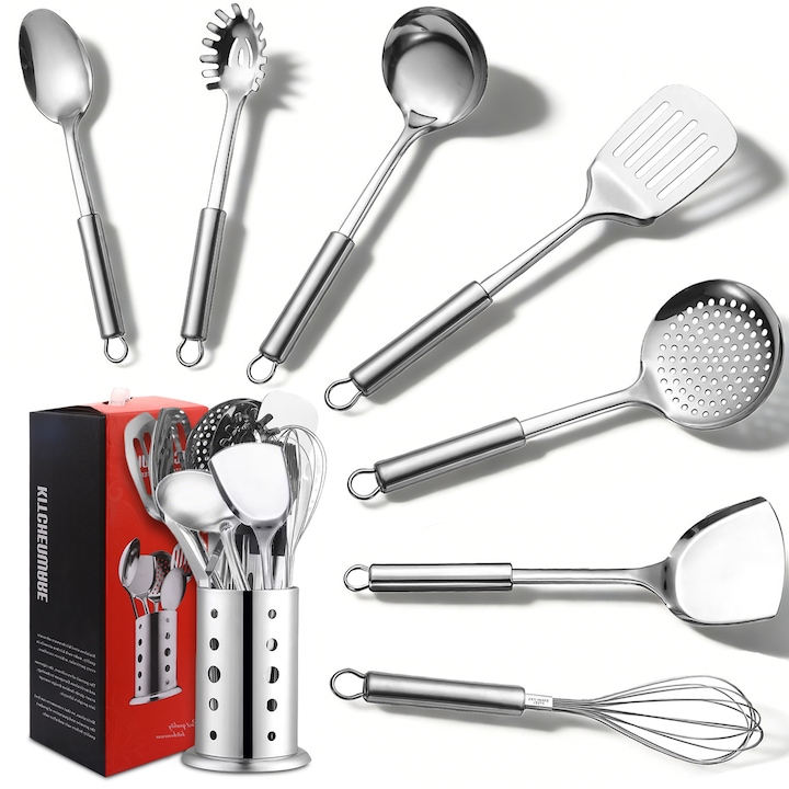 Set Ustensile Bucatarie, BYONDSELF®, 8 Piese, Inox, Antiaderente, Durabil, Suport Blat, Potrivite pentru Masina de Spalat Vase, Argintiu