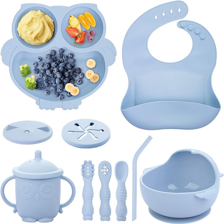 MOSMAOO® Комплект за хранене на бебета от 10 части, диверсификация, силикон, лигавник, чиния с, купа с вендуза, чаша за закуска, лъжички, без алергени, син