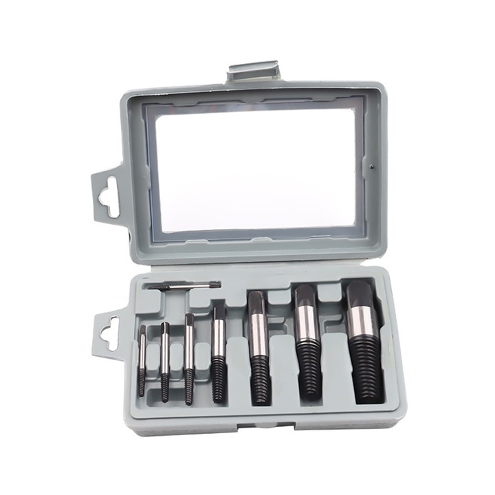 Trusa extractoare suruburi 8 piese, SINBINTA, 4-25mm, Design cap patrat, Economisiti timp si energie, Pentru suruburi pentru lemn si masini, precum si suruburi plate, hexagonale sau vopsite, Otel, 21.5 x 13 x 5cm, Gri