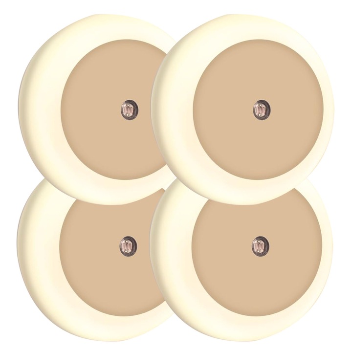 Set 4 Lampa de veghe LED, SINBINTA, Cu senzor zi-noapte, 0.5W, lumina alba, 110-230V, Usor de instalat, Durabile, pentru baie, hol, dormitor, bucatarie, sufragerie, camera de zi, birou, ABS, 6.2 x 6.2 x 1.1 cm, Alb cald