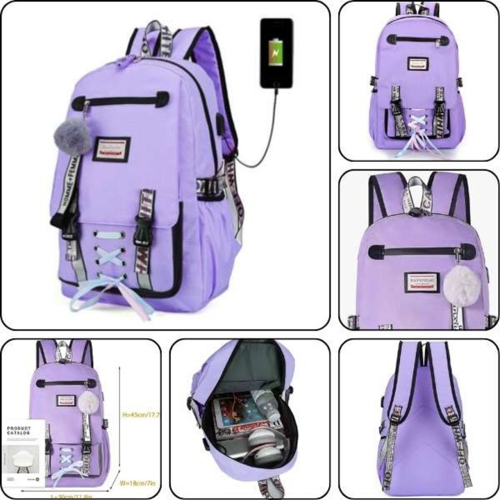 Ghiozdan Mercaton pentru Copii, Impermeabil, Port USB, 30 x 14 x 47 cm, Violet cu Rola Hartie Auto-Adeziva si Decupabila pentru Desenat, 3 m x 30 cm, Model Printese si 48 Markere Colorate