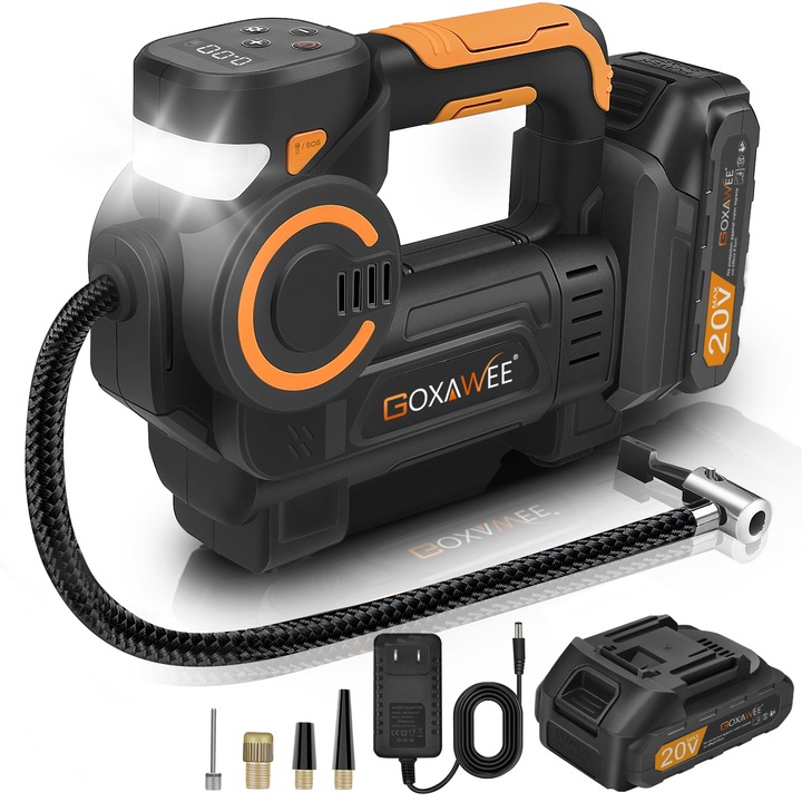 Автомобилен компресор, GOXAWEE, G5603, надуване 150 PSI, 2000mAh, 160W, дигитален дисплей, LED, черен